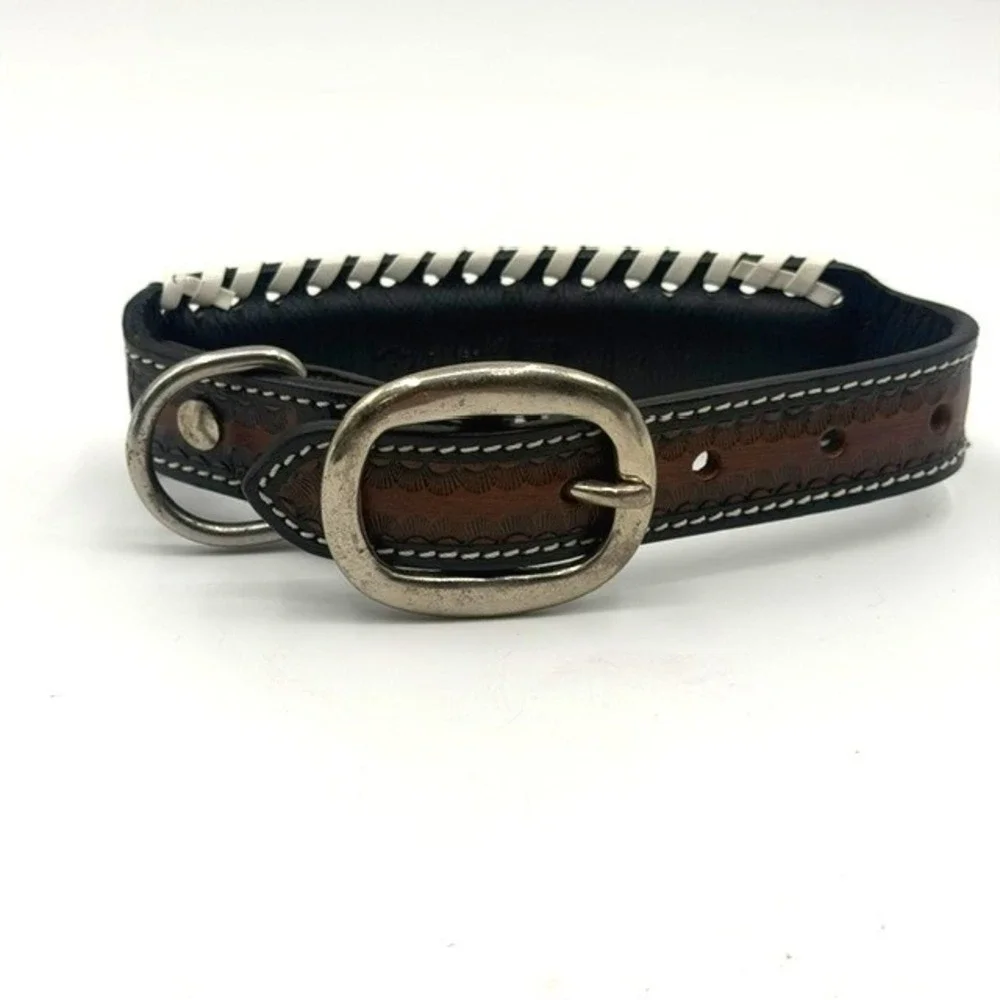 Myra Bag Oxy Daisy Hand Tooled Leather Dog Collar Floral Whipstitch Brown Medium